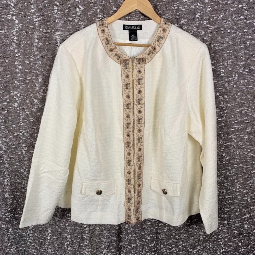 Dialogue Cream Lightweight Jacket Floral Embroidered Preppy NWT Women's 24W